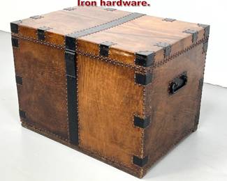 Lot 1699 Heavy Wood and Leather Trunk. Iron hardware. 