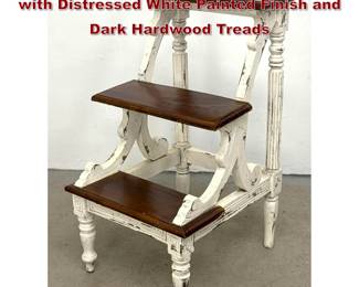 Lot 1686 3 Tier Library or Bed Step Stool with Distressed White Painted Finish and Dark Hardwood Treads