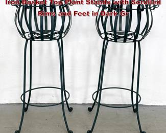 Lot 1642 Pair of Tall Traditional Wrought Iron Basket Top Plant Stands with Scrolled Rims and Feet in Dark Gr