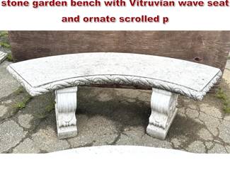 Lot 1615 3pc Neoclassical style curved cast stone garden bench with Vitruvian wave seat and ornate scrolled p