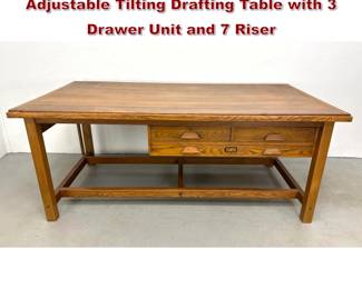 Lot 1423 Large Vintage Industrial Solid Oak Adjustable Tilting Drafting Table with 3 Drawer Unit and 7 Riser 