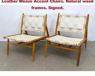 Lot 1500 Pr Safavieh Bandelier White Leather Weave Accent Chairs. Natural wood frames. Signed.