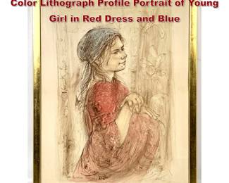 Lot 1872 Edna Hibel Signed and Numbered Color Lithograph Profile Portrait of Young Girl in Red Dress and Blue