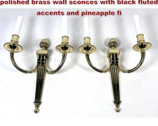 Lot 1711 Pr Neoclassical style 2 light polished brass wall sconces with black fluted accents and pineapple fi