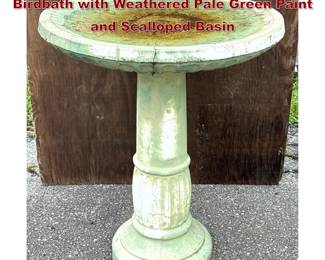 Lot 1622 2pc Cast Stone Grecian Style Birdbath with Weathered Pale Green Paint and Scalloped Basin