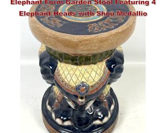 Lot 1718 Glazed Polychrome Stoneware Elephant Form Garden Stool Featuring 4 Elephant Heads with Shou Medallio