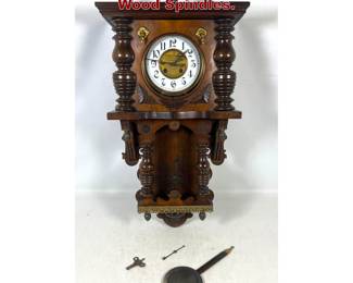 Lot 1859 Vintage Wood Wall Clock. Carved Wood Spindles. 