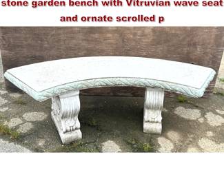 Lot 1616 3pc Neoclassical style curved cast stone garden bench with Vitruvian wave seat and ornate scrolled p