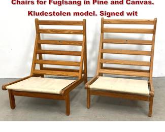 Lot 1515 Pair Bernt Petersen Rag Lounge Chairs for Fuglsang in Pine and Canvas. Kludestolen model. Signed wit