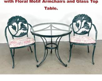 Lot 1603 3pc Cast Aluminum Patio Bistro Set with Floral Motif Armchairs and Glass Top Table. 