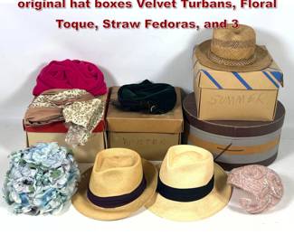 Lot 1905 8 Vintage mid century hats in original hat boxes Velvet Turbans, Floral Toque, Straw Fedoras, and 3 