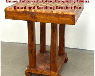 Lot 1696 Rustic Knotted Cedar Pedestal Game Table with Inlaid Parquetry Chess Board and Scrolling Bracket Fee