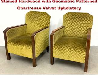 Lot 1501 Pair of Art Deco Armchairs in Stained Hardwood with Geometric Patterned Chartreuse Velvet Upholstery