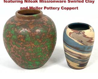 Lot 1811 2pcs American Art Pottery Vases featuring Niloak Missionware Swirled Clay and Weller Pottery Coppert