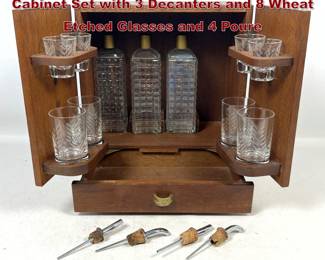 Lot 1737 MidCentury Modern Wood Mini Bar Cabinet Set with 3 Decanters and 8 Wheat Etched Glasses and 4 Poure