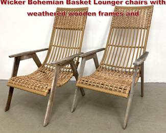 Lot 1518 Pr Outdoor Interiors Teak and Wicker Bohemian Basket Lounger chairs with weathered wooden frames and