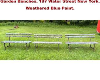 Lot 1607 3pc A.B. Cohu Cast Iron and Wood Garden Benches. 197 Water Street New York. Weathered Blue Paint.