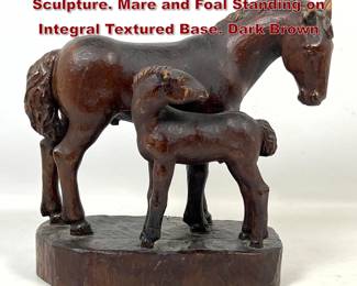 Lot 1842 HandCarved Wooden Folk Art Sculpture. Mare and Foal Standing on Integral Textured Base. Dark Brown 