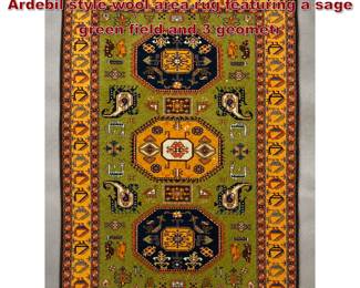 Lot 1673 6 7 X 10 Hand knotted tribal Ardebil style wool area rug featuring a sage green field and 3 geometr