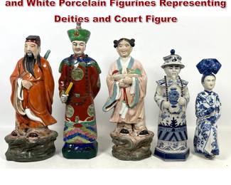 Lot 1761 5pcs Chinese Polychrome and Blue and White Porcelain Figurines Representing Deities and Court Figure