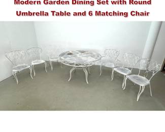 Lot 1629 7pc Wrought Iron Midcentury Modern Garden Dining Set with Round Umbrella Table and 6 Matching Chair