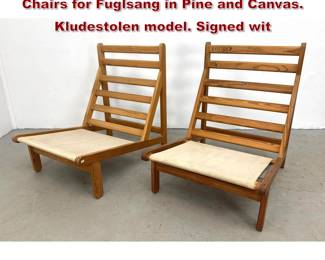 Lot 1516 Pair Bernt Petersen Rag Lounge Chairs for Fuglsang in Pine and Canvas. Kludestolen model. Signed wit