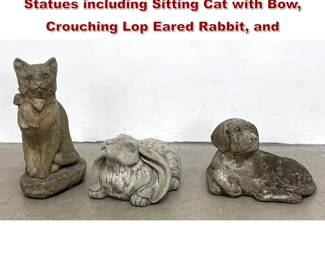 Lot 1592 3pc Cast Stone Garden Animal Statues including Sitting Cat with Bow, Crouching Lop Eared Rabbit, and