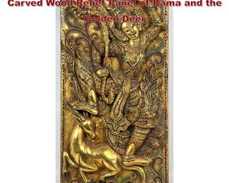Lot 1853 Thai or Burmese Gilded and Inlaid Carved Wood Relief Panel of Rama and the Golden Deer