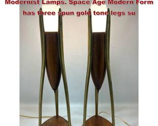 Lot 1436 Pr Modeline Walnut and Brass Modernist Lamps. Space Age Modern Form has three spun gold tone legs su