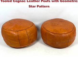 Lot 1430 Pair of Traditional Moroccan Hand Tooled Cognac Leather Poufs with Geometric Star Pattern