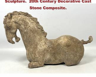 Lot 1840 Large Tang Style Reclining Horse Sculpture. 20th Century Decorative Cast Stone Composite.