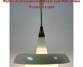 Lot 1464 Petite Italian MidCentury Modern Perforated Enameled Metal and Milk Glass Pendant Light 