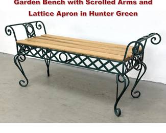 Lot 1606 Wrought Iron and Hardwood Slat Garden Bench with Scrolled Arms and Lattice Apron in Hunter Green