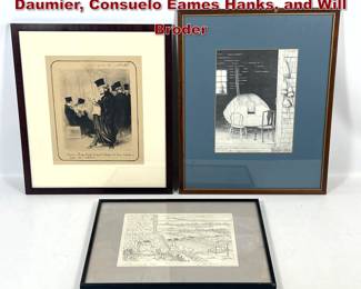 Lot 1937 3pcs Framed Prints by Honore Daumier, Consuelo Eames Hanks, and Will Broder