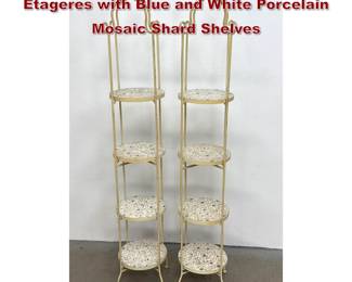 Lot 1525 Pair of Tall 4 Tier Metal Plant Stand Etageres with Blue and White Porcelain Mosaic Shard Shelves