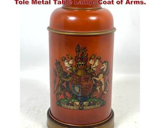 Lot 1689 Mid Century Italian Leather and Tole Metal Table Lamp. Coat of Arms. 