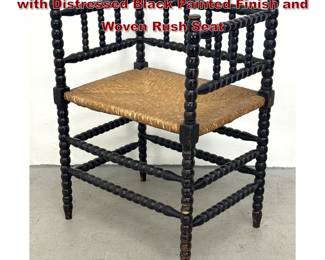 Lot 1724 Antique Bobbin Turned Armchair with Distressed Black Painted Finish and Woven Rush Seat