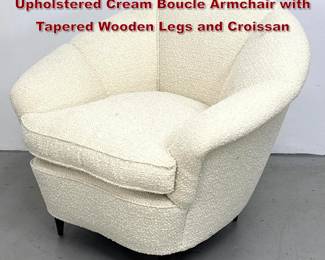 Lot 1407 Italian Modern Lounge Chair. Upholstered Cream Boucle Armchair with Tapered Wooden Legs and Croissan