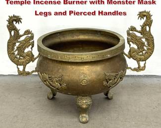 Lot 1772 Large Chinese Brass Dragon Temple Incense Burner with Monster Mask Legs and Pierced Handles