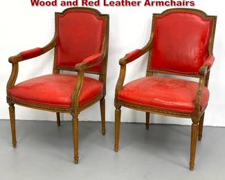 Lot 1712 Pair French Louis XVI Style Carved Wood and Red Leather Armchairs