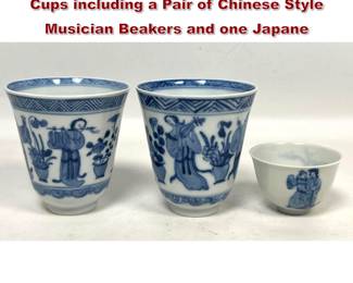 Lot 1778 3pcs Blue and White Porcelain Cups including a Pair of Chinese Style Musician Beakers and one Japane