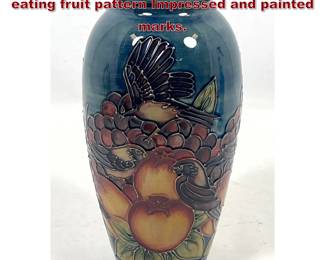 Lot 1795 Moorcroft Art Pottery Vase Finches eating fruit pattern Impressed and painted marks.