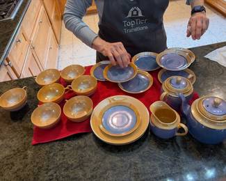 067 Tea set blue and peach luster set