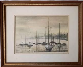 017 Framed Watercolor Sailboats Harbor Scene Signed F Cervak