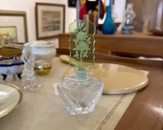 066 Antique Czech Bohemian Cut Crystal Perfume Bottle with Uranium Glass Stopper