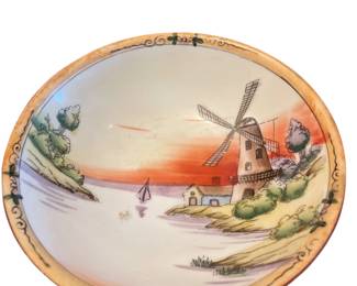 040 Antique HandPainted Porcelain Bowl with Windmill Scene