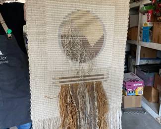 086 Holly Kenny Handwoven Fiber Art Wall Hanging with Fringe Circle Motif