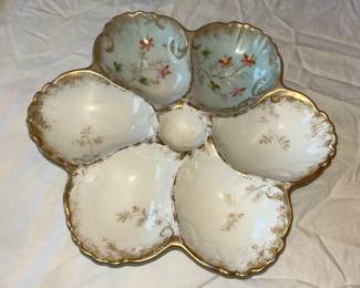 046 Antique Porcelain Oyster Plate with Gold Floral Motif
