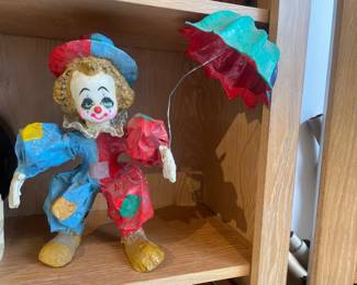 035 Vintage Paper Mache Clown Figurine with Teal Umbrella