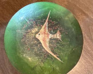 114 Vintage Enamel on Copper Decorative Bowl with Angelfish